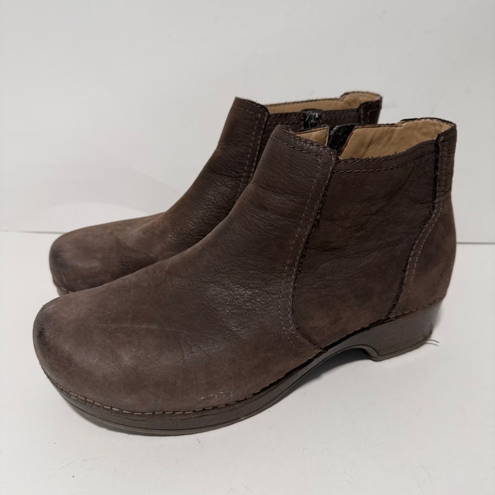 Dansko Womens Barbara Ankle Boots 41 Brown Leather Side Zip Clog Heel